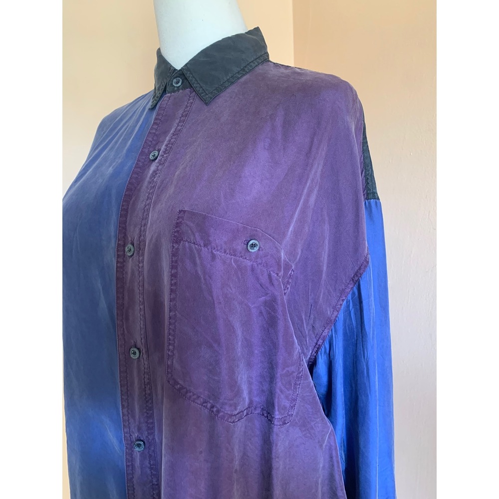 In Private Vintage 100% Silk Colorblock Button Down Shirt Large Blue Purple - Picture 7 of 7